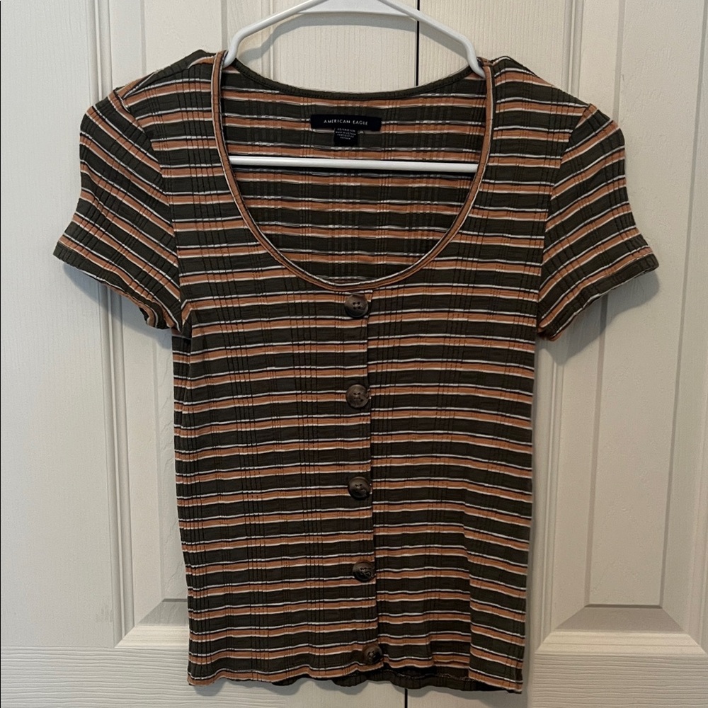 American Eagle Green and Yellow Striped Shirt with Buttons